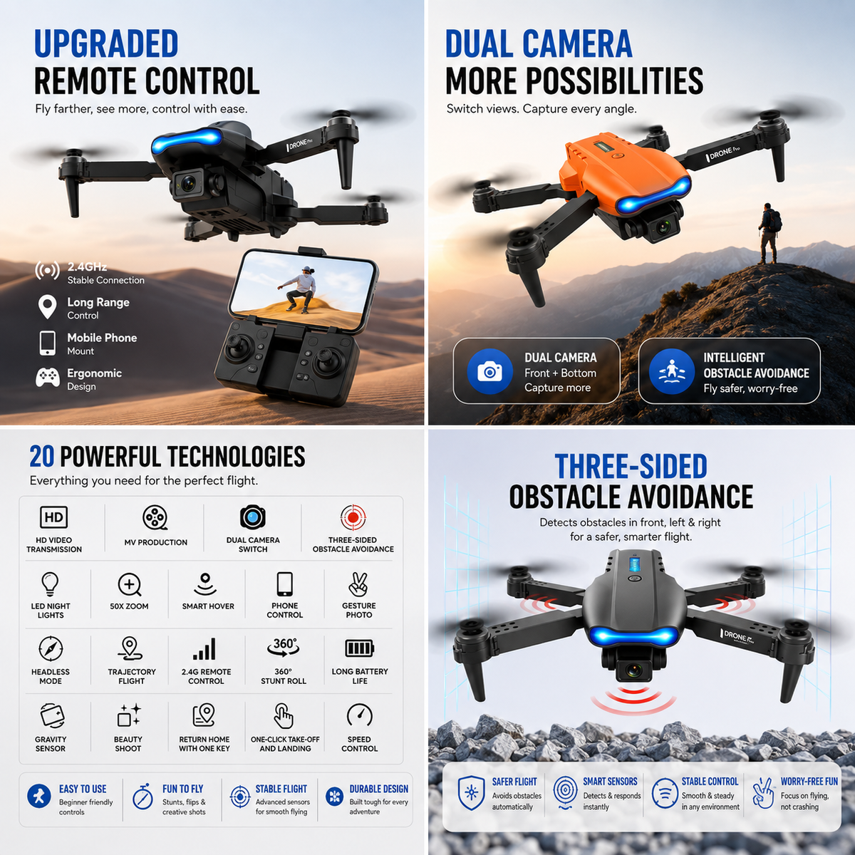 E99 Foldable Drone with Camera - 720p HD, 360° Flips & LED Lights