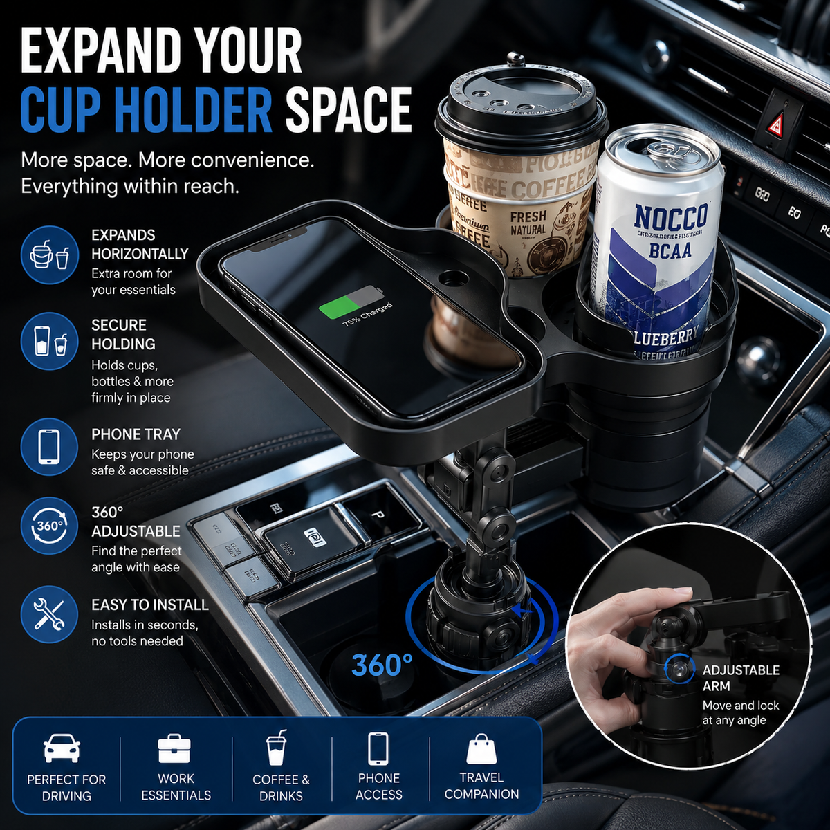 Car Cup Holder with 15W Wireless Charging - Fast & Secure Mount☕