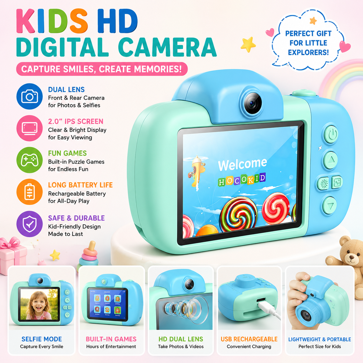 Hoco Dual Camera DV201 - Kids Digital Camera with HD Video, Fun & Easy