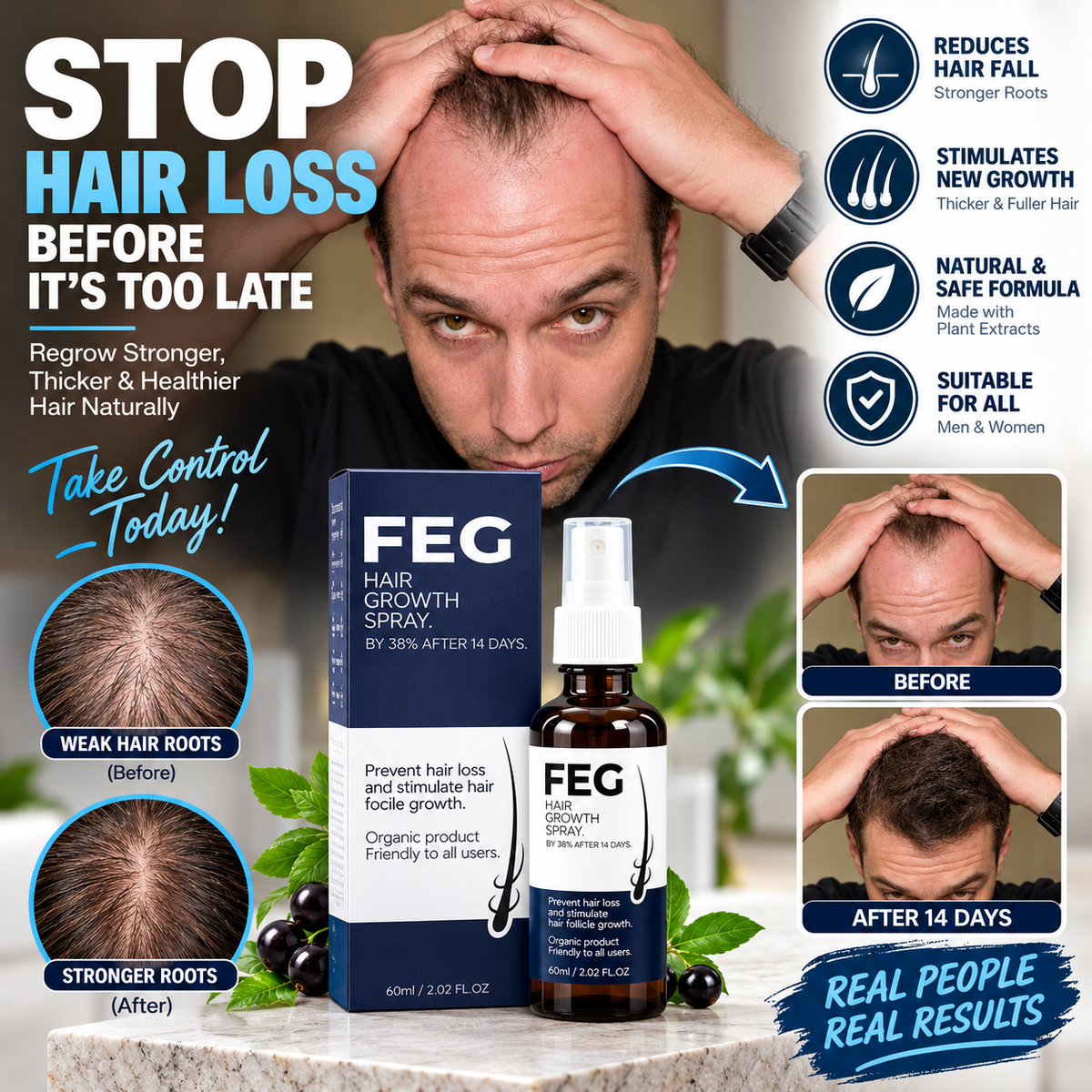 FEG Hair Growth Spray - Stop Hair Fall, Regrow Naturally & Strengthen
