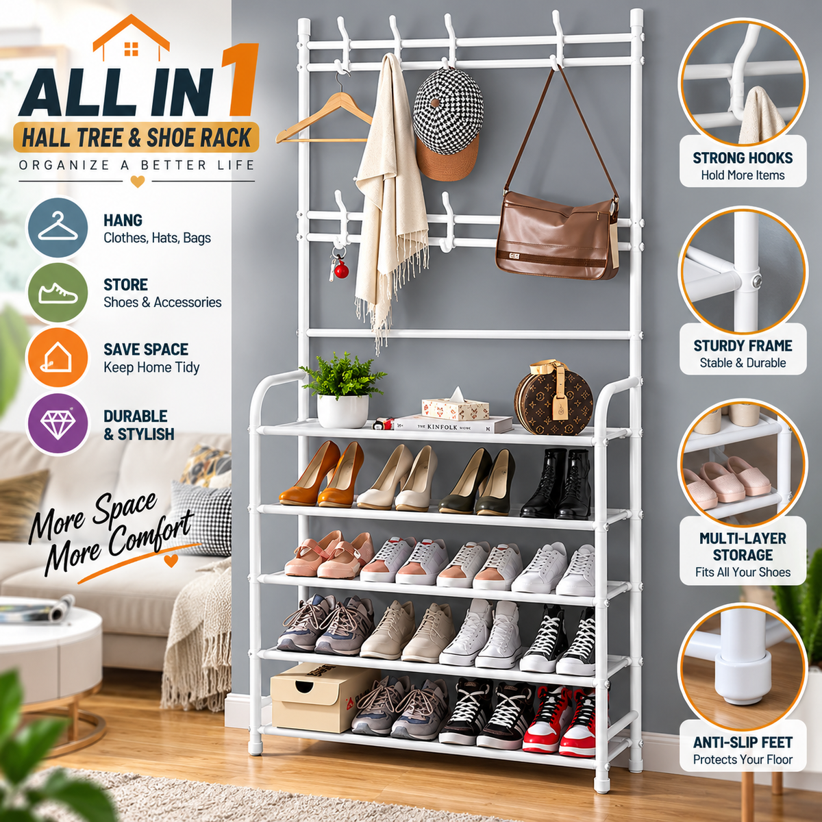 Multi-Functional Shoe & Hat Rack | 4-Tier Metal Shelf with Hooks