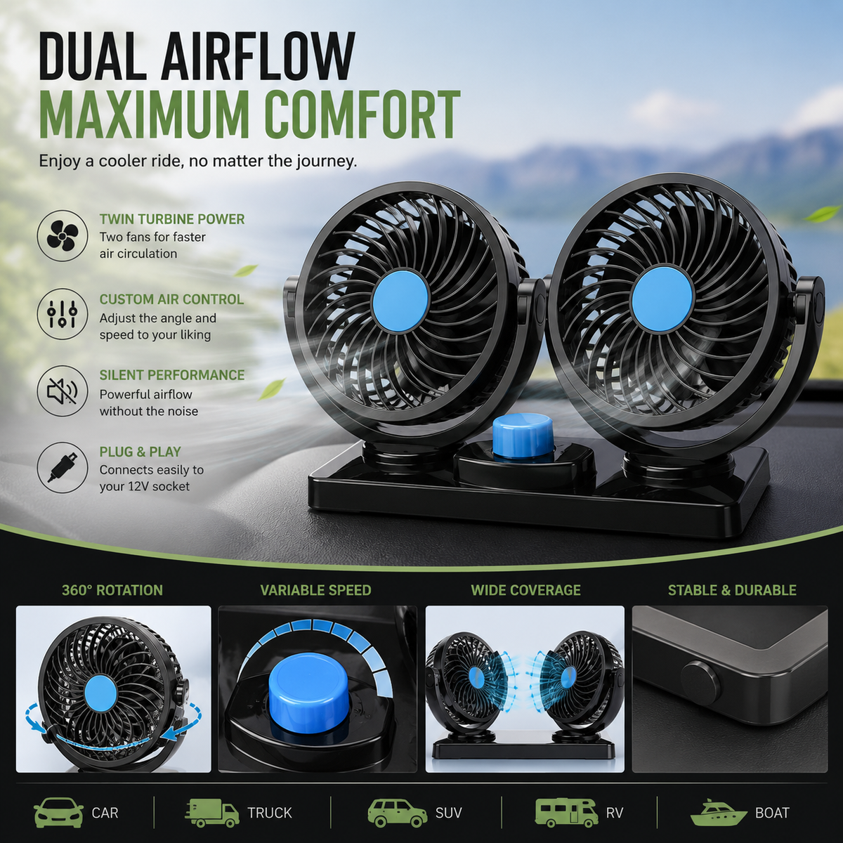 Portable Car Fan | 360° Rotatable Electric Cooling Fan with Adhesive