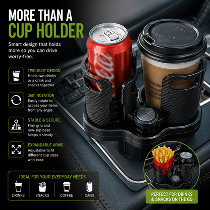 2-in-1 Car Cup Holder Expander | 360° Rotatable Dual Drink & Snack