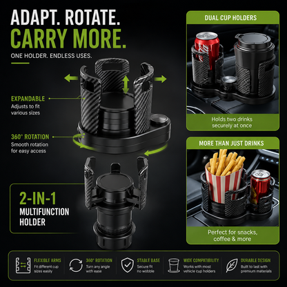 2-in-1 Car Cup Holder Expander | 360° Rotatable Dual Drink & Snack