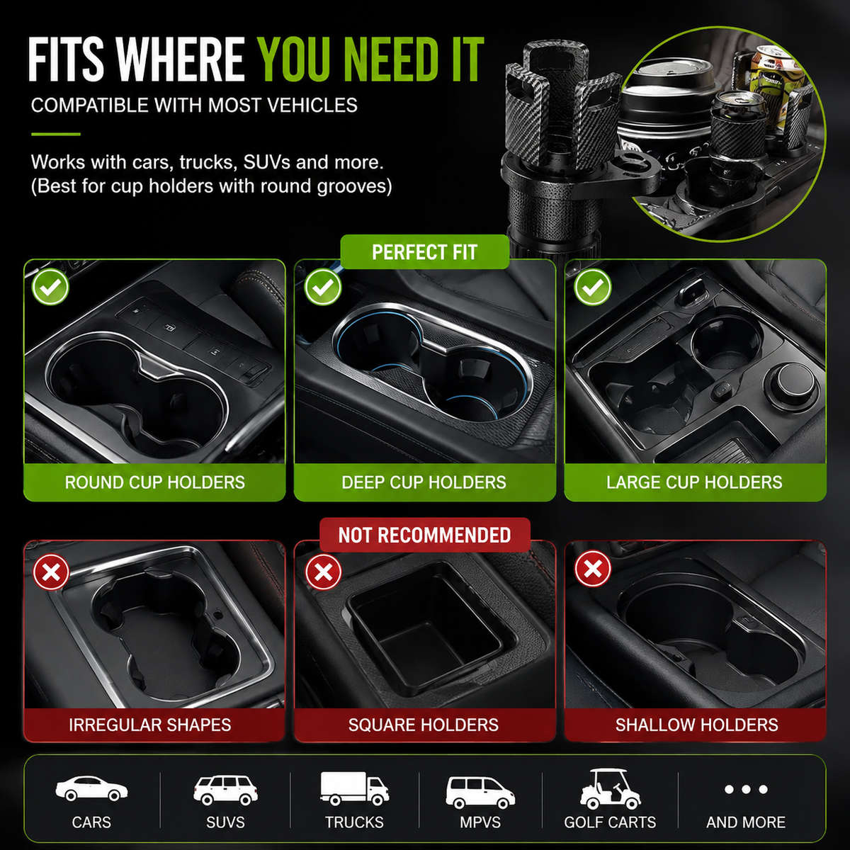 2-in-1 Car Cup Holder Expander | 360° Rotatable Dual Drink & Snack
