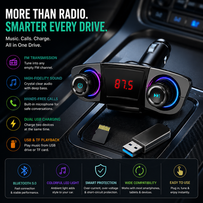 Car MP3 Player with Bluetooth, FM Transmitter & Dual USB Charging