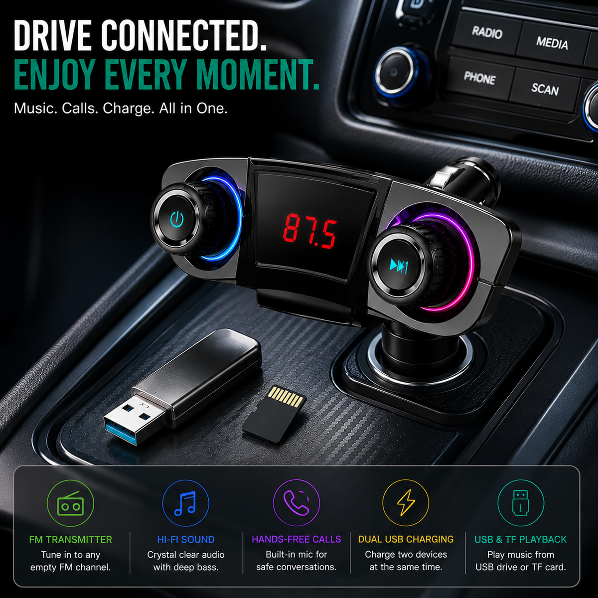 Car MP3 Player with Bluetooth, FM Transmitter & Dual USB Charging