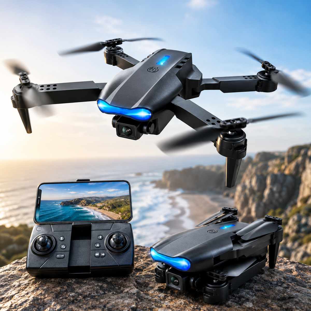 E99 Foldable Drone with Camera - 720p HD, 360° Flips & LED Lights