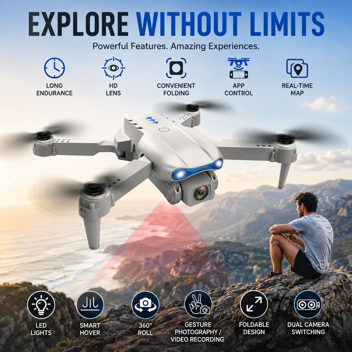 E99 Foldable Drone with Camera - 720p HD, 360° Flips & LED Lights