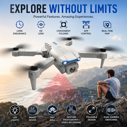 E99 Foldable Drone with Camera - 720p HD, 360° Flips & LED Lights