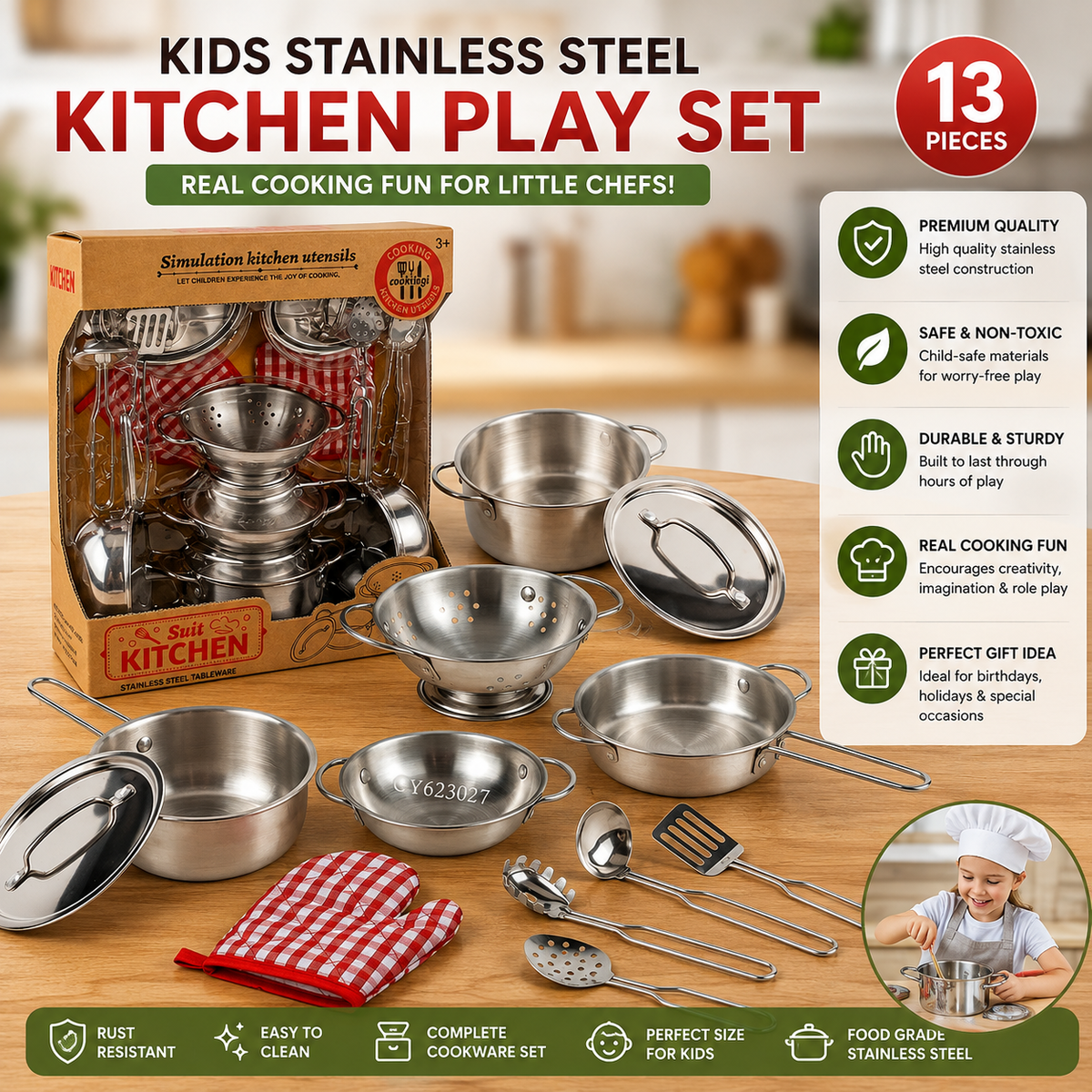 Kids Kitchen Set - Pretend Cooking Playset with Utensils, Food