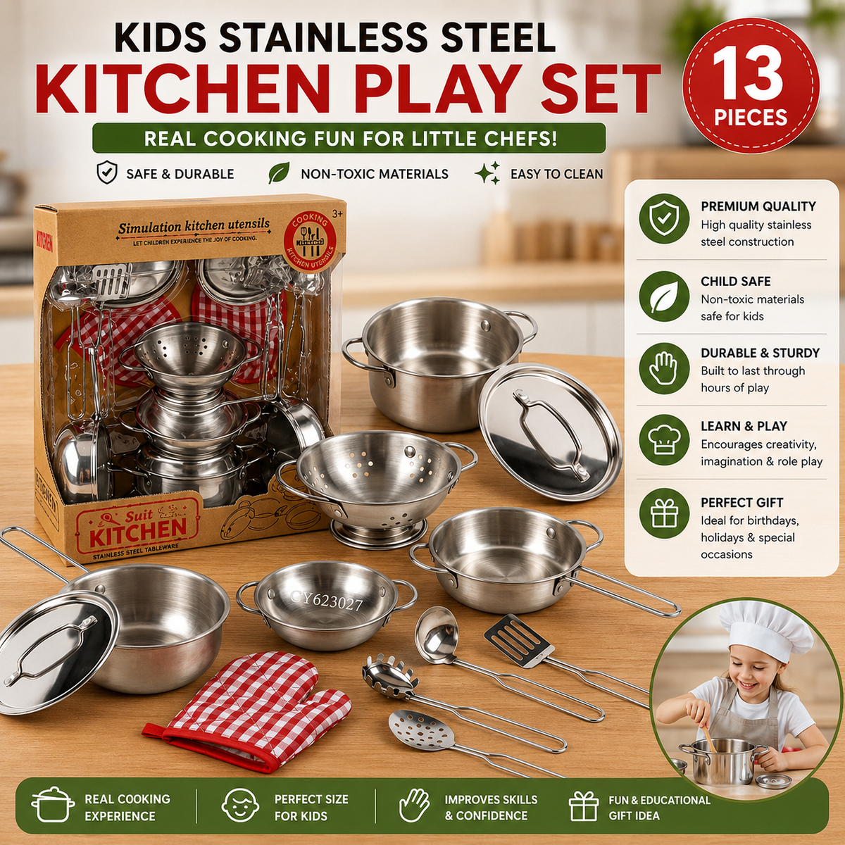 Kids Kitchen Set - Pretend Cooking Playset with Utensils, Food