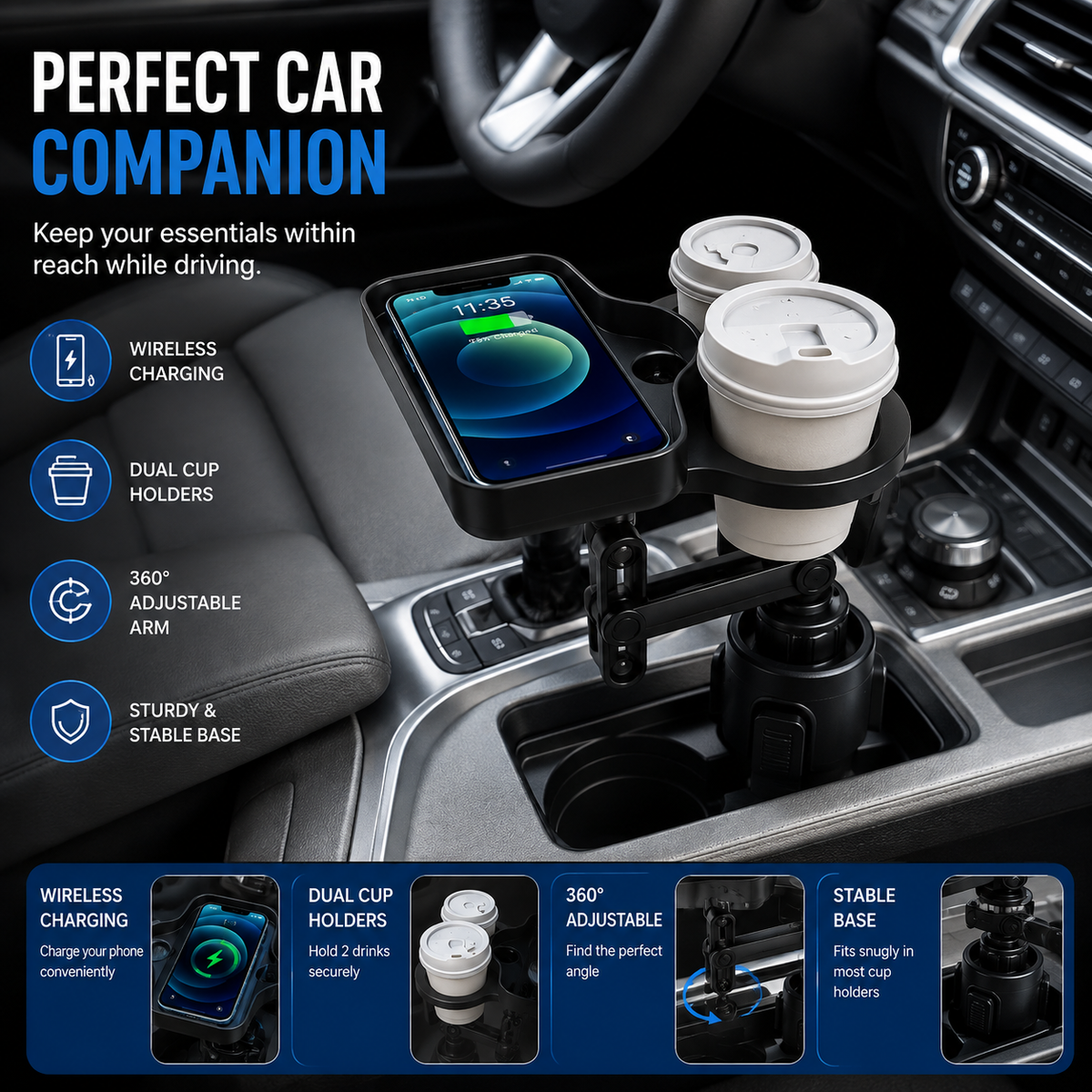 Car Cup Holder with 15W Wireless Charging - Fast & Secure Mount☕