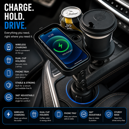 Car Cup Holder with 15W Wireless Charging - Fast & Secure Mount☕