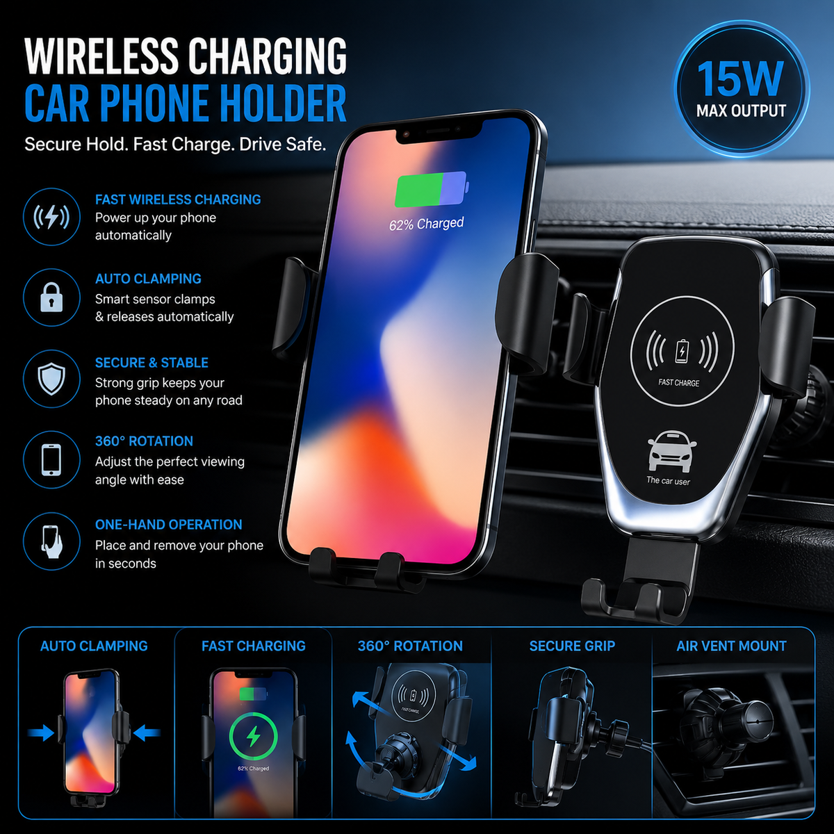 Auto-Clamping Wireless Car Charger - 10W Fast Charging Holder