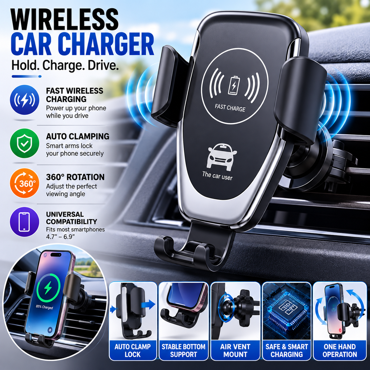 Auto-Clamping Wireless Car Charger - 10W Fast Charging Holder