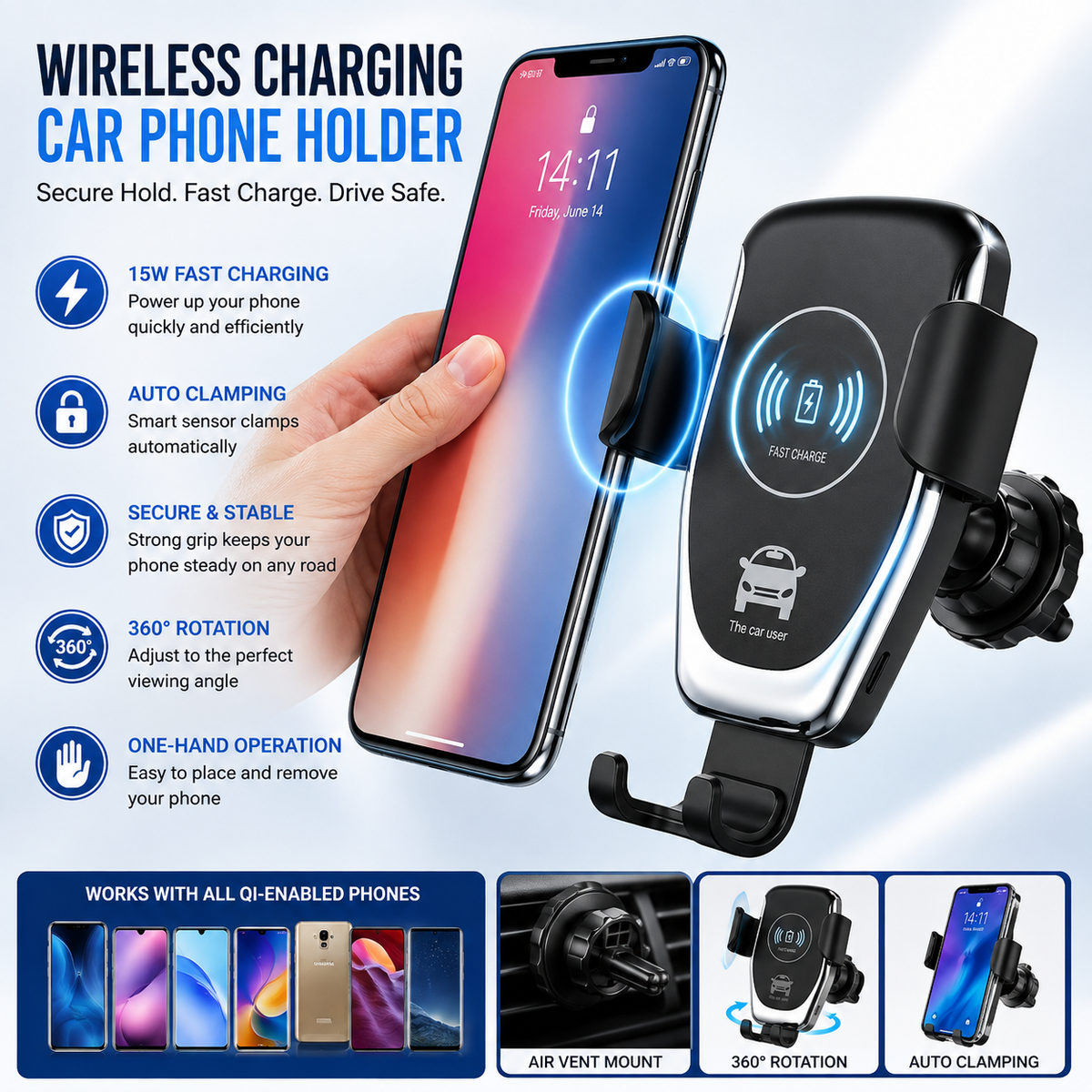 Auto-Clamping Wireless Car Charger - 10W Fast Charging Holder
