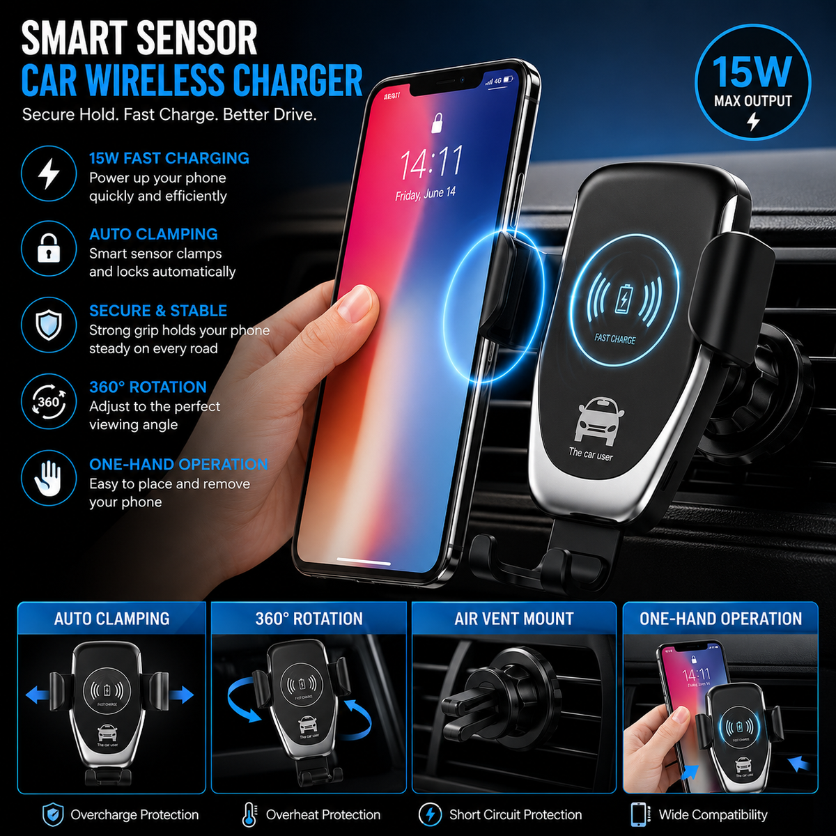 Auto-Clamping Wireless Car Charger - 10W Fast Charging Holder