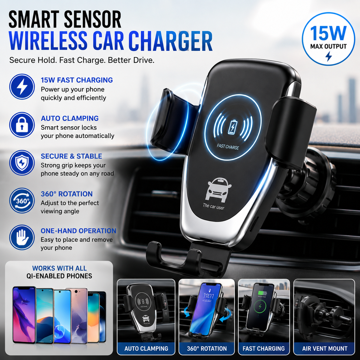 Auto-Clamping Wireless Car Charger - 10W Fast Charging Holder