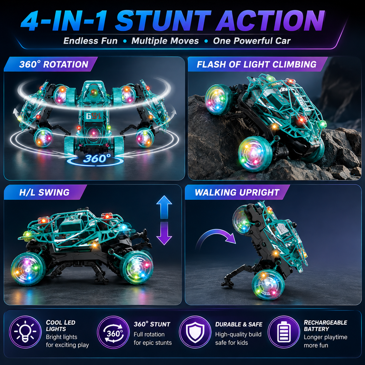 Double-Sided 360° RC Stunt Car Toy with Lights & Music - Rechargeable