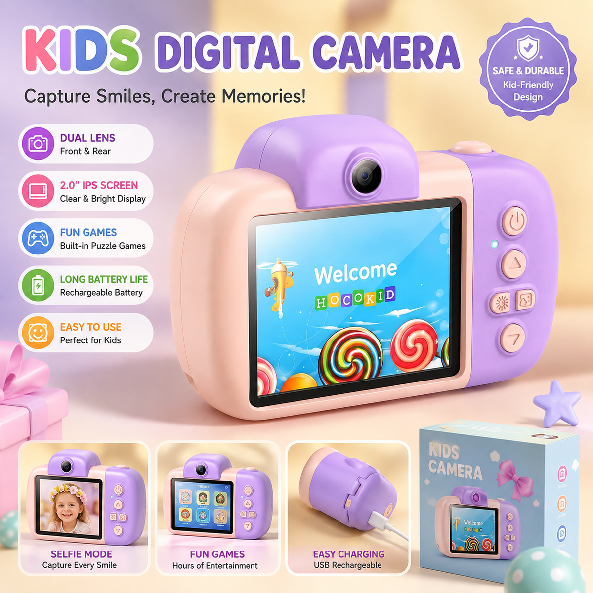 Hoco Dual Camera DV201 - Kids Digital Camera with HD Video, Fun & Easy