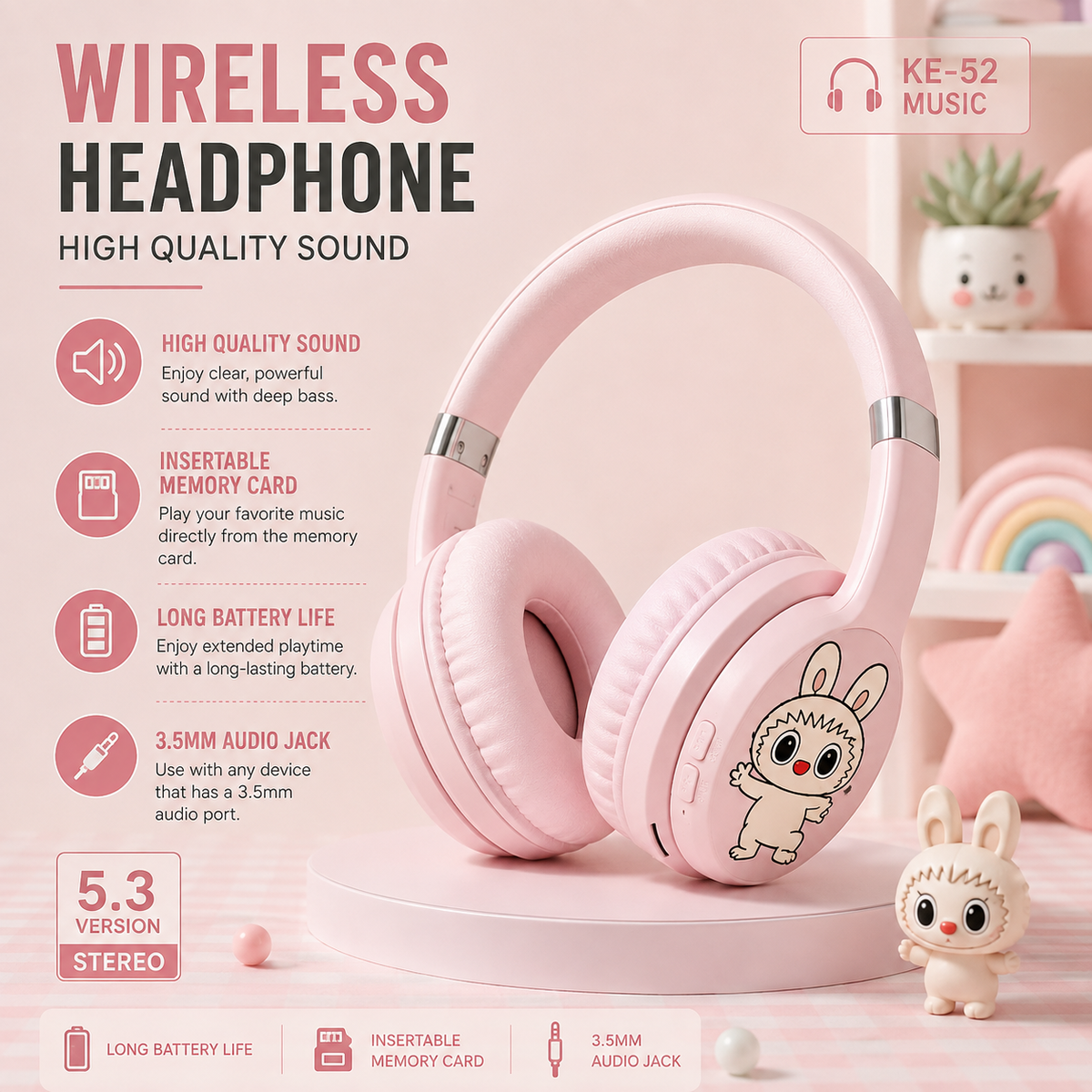 Labubu Wireless Headphones - Bluetooth 5.3 | TF Card Support