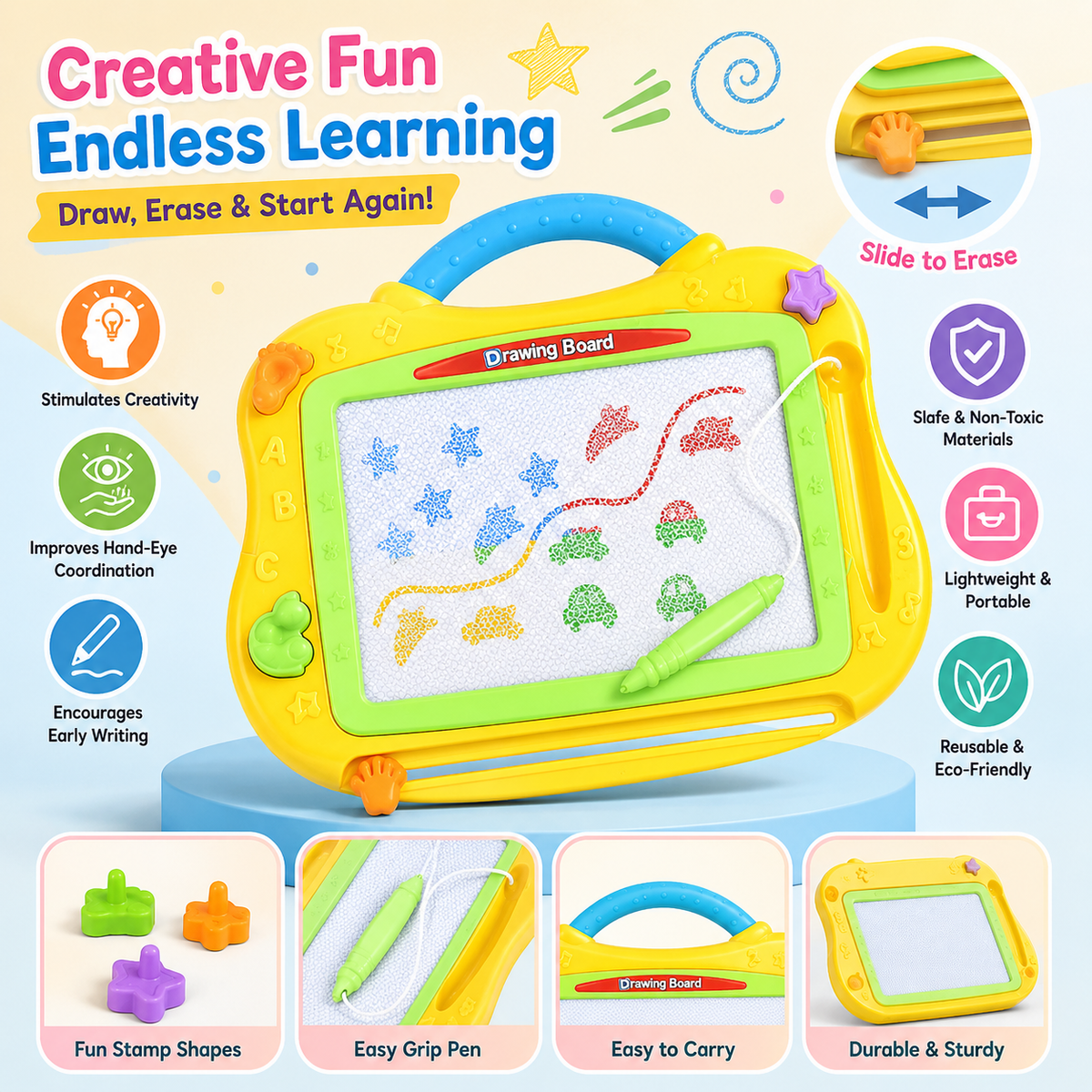 Mess-Free Kids Magic Drawing Board - Slide-Erase, Colorful, Portable!
