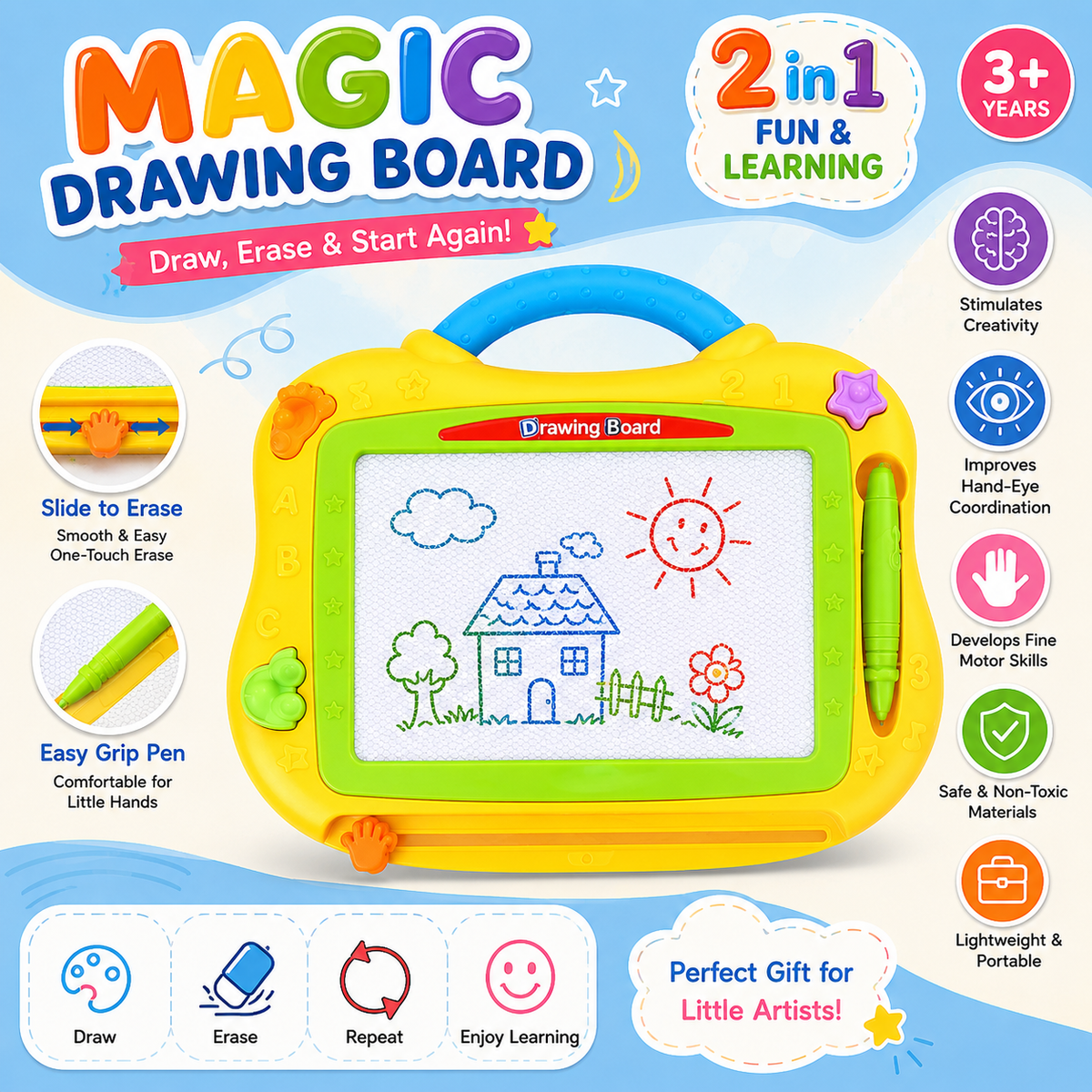 Mess-Free Kids Magic Drawing Board - Slide-Erase, Colorful, Portable!