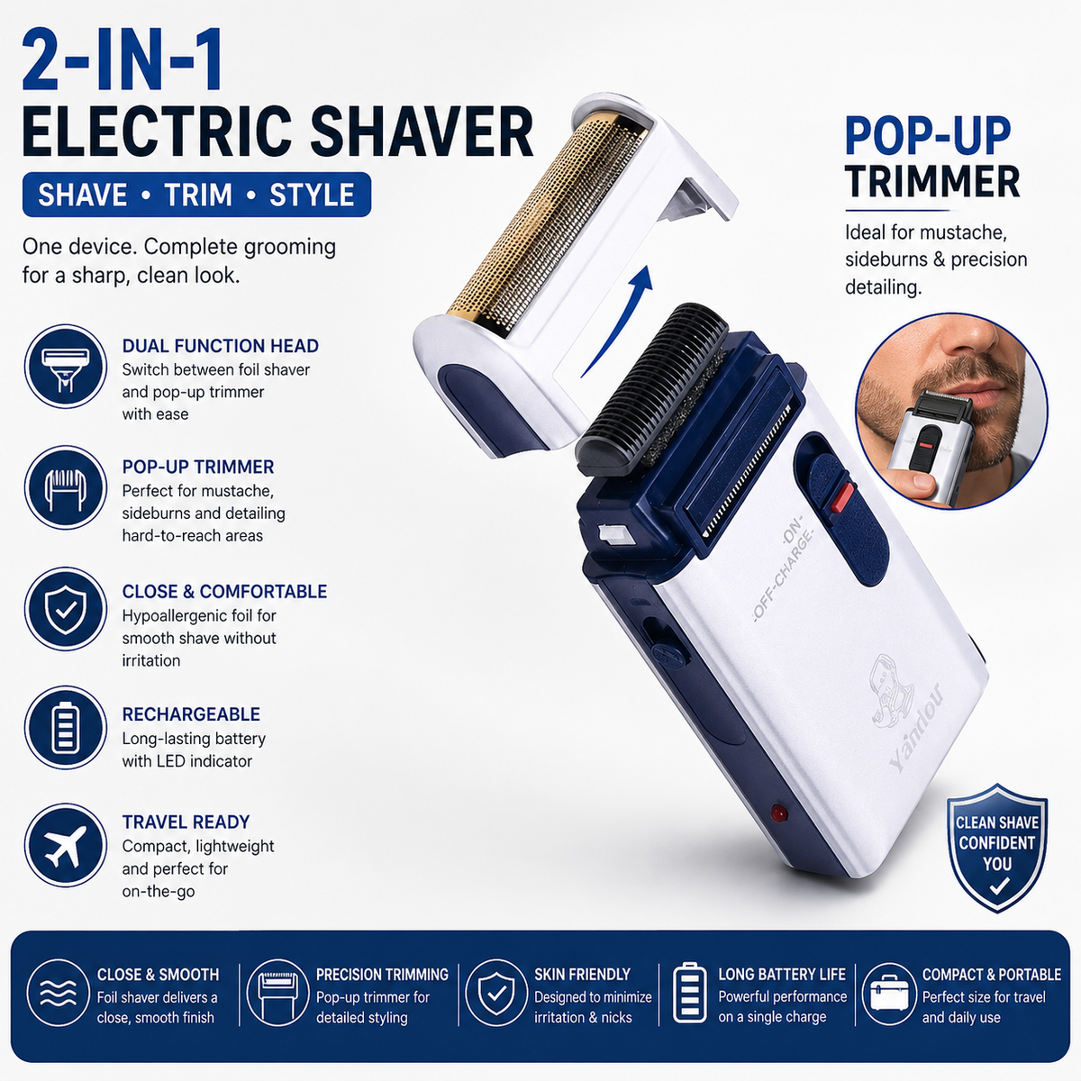 Retro Electric Shaver for Men | Rechargeable Foil Shaver & Trimmer