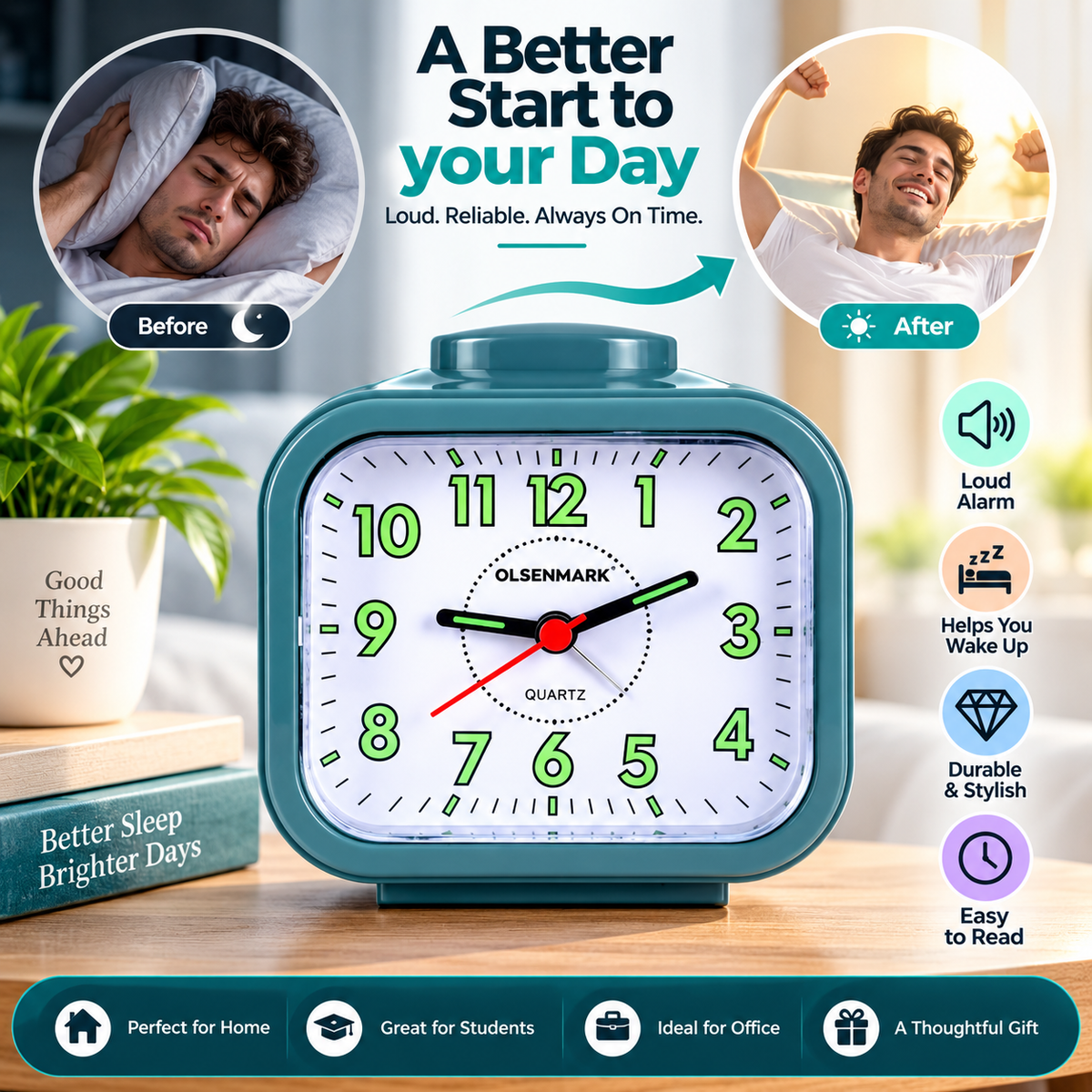 Bell Alarm Clock⏰ - Silent Twin Bell Quartz Clock for Heavy Sleepers