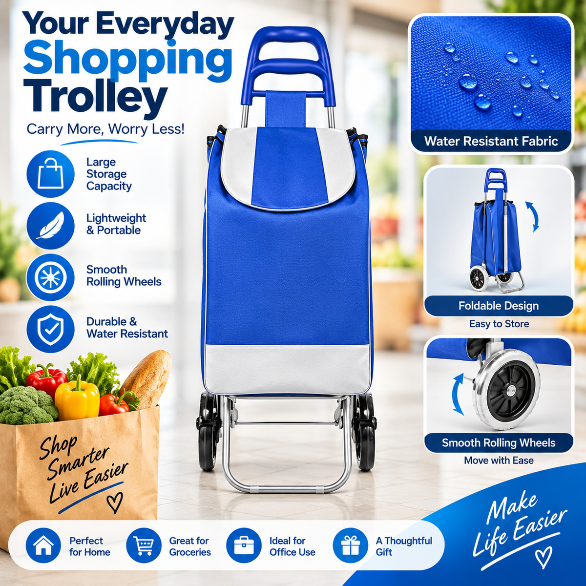Folding Shopping Cart Trolley - Foldable & Lightweight Grocery Trolley