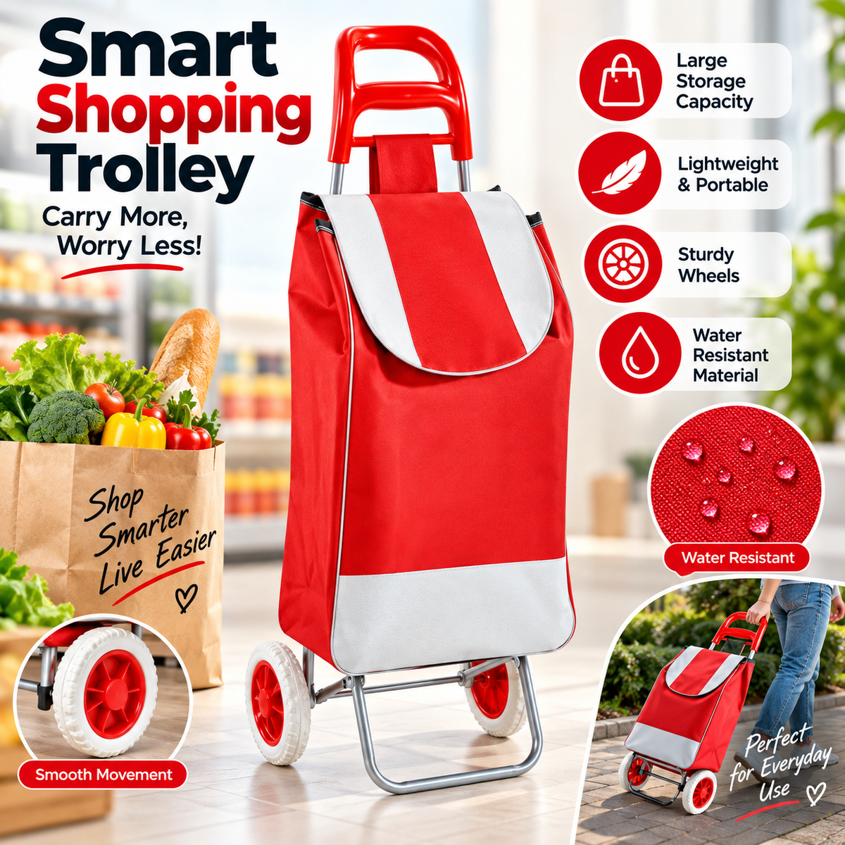Folding Shopping Cart Trolley - Foldable & Lightweight Grocery Trolley
