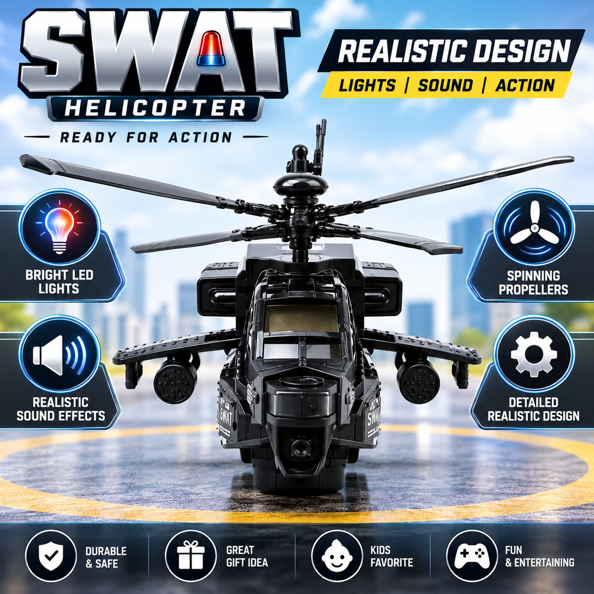 SWAT Helicopter Toy Realistic Sounds & Lights Battery Operated