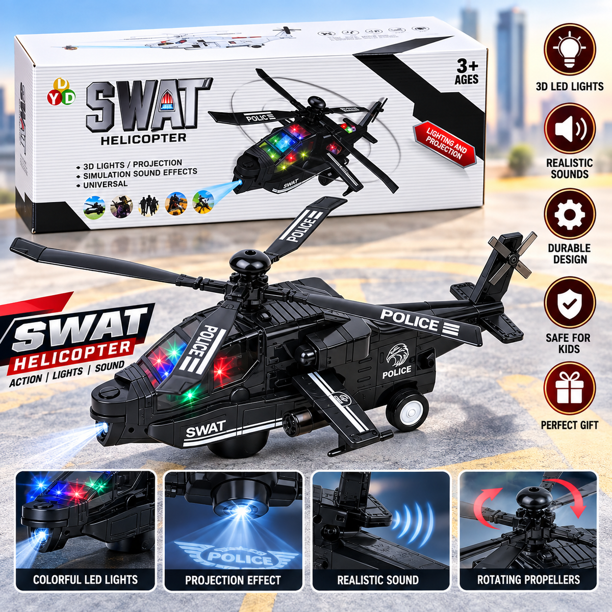 SWAT Helicopter Toy Realistic Sounds & Lights Battery Operated