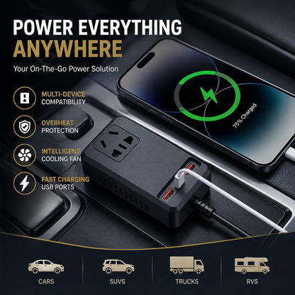 C12 Intelligent Car Power Inverter ⚡ | 150W AC Converter with USB-A