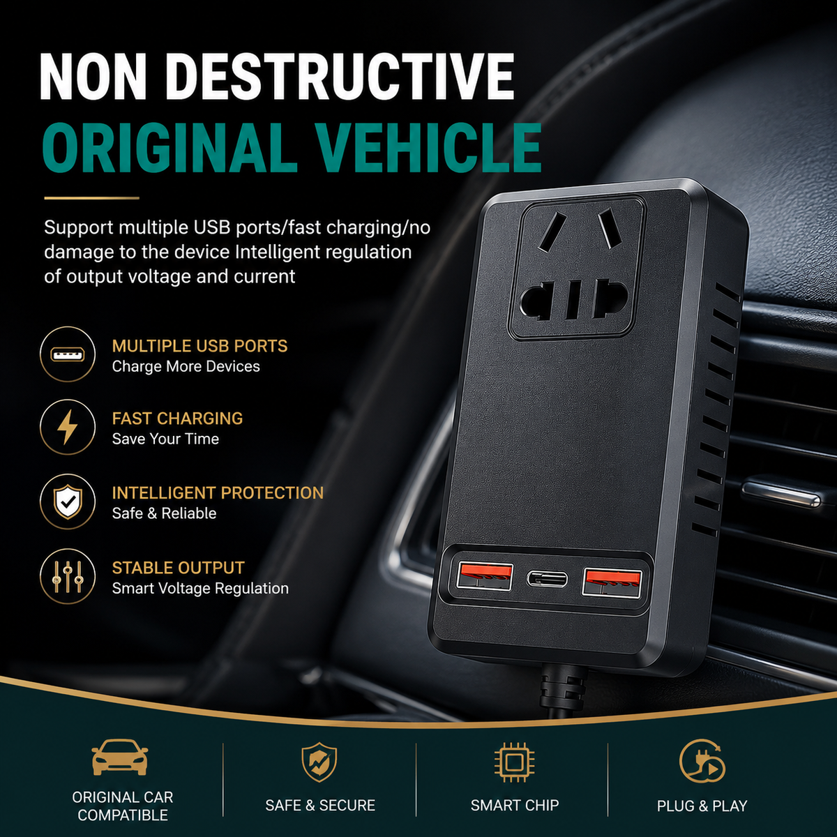 C12 Intelligent Car Power Inverter ⚡ | 150W AC Converter with USB-A