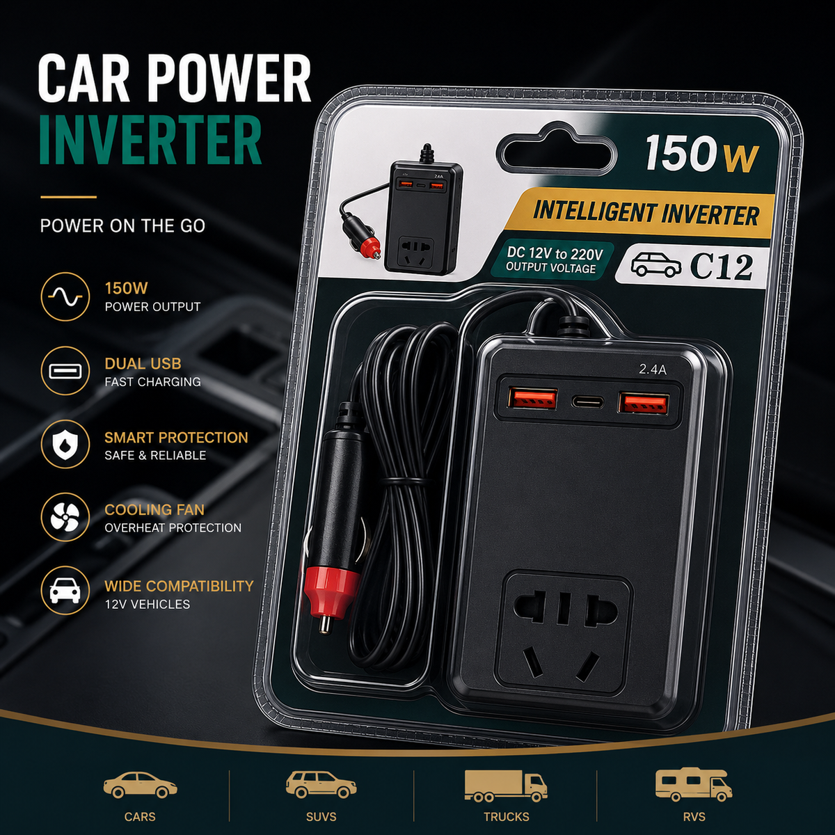 C12 Intelligent Car Power Inverter ⚡ | 150W AC Converter with USB-A