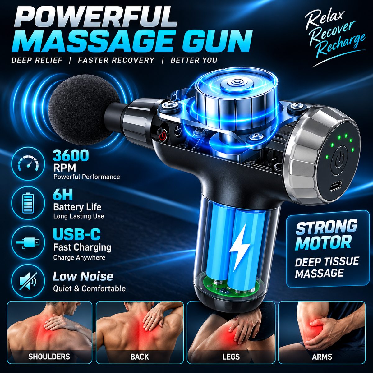 Muscle Massage Gun FH-820 | 6 Vibration Modes & 4 Heads