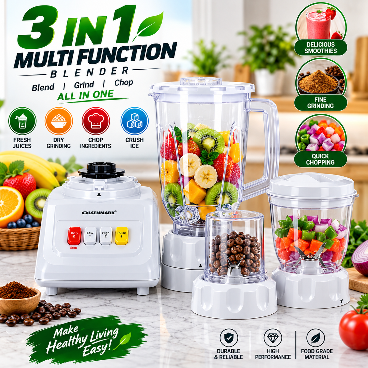 ⚡ Powerful 3-in-1 Blender | Juicer, Grinder & Mixer