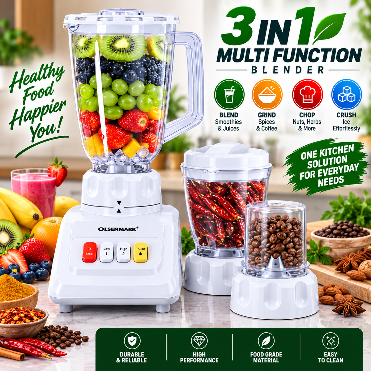 ⚡ Powerful 3-in-1 Blender | Juicer, Grinder & Mixer