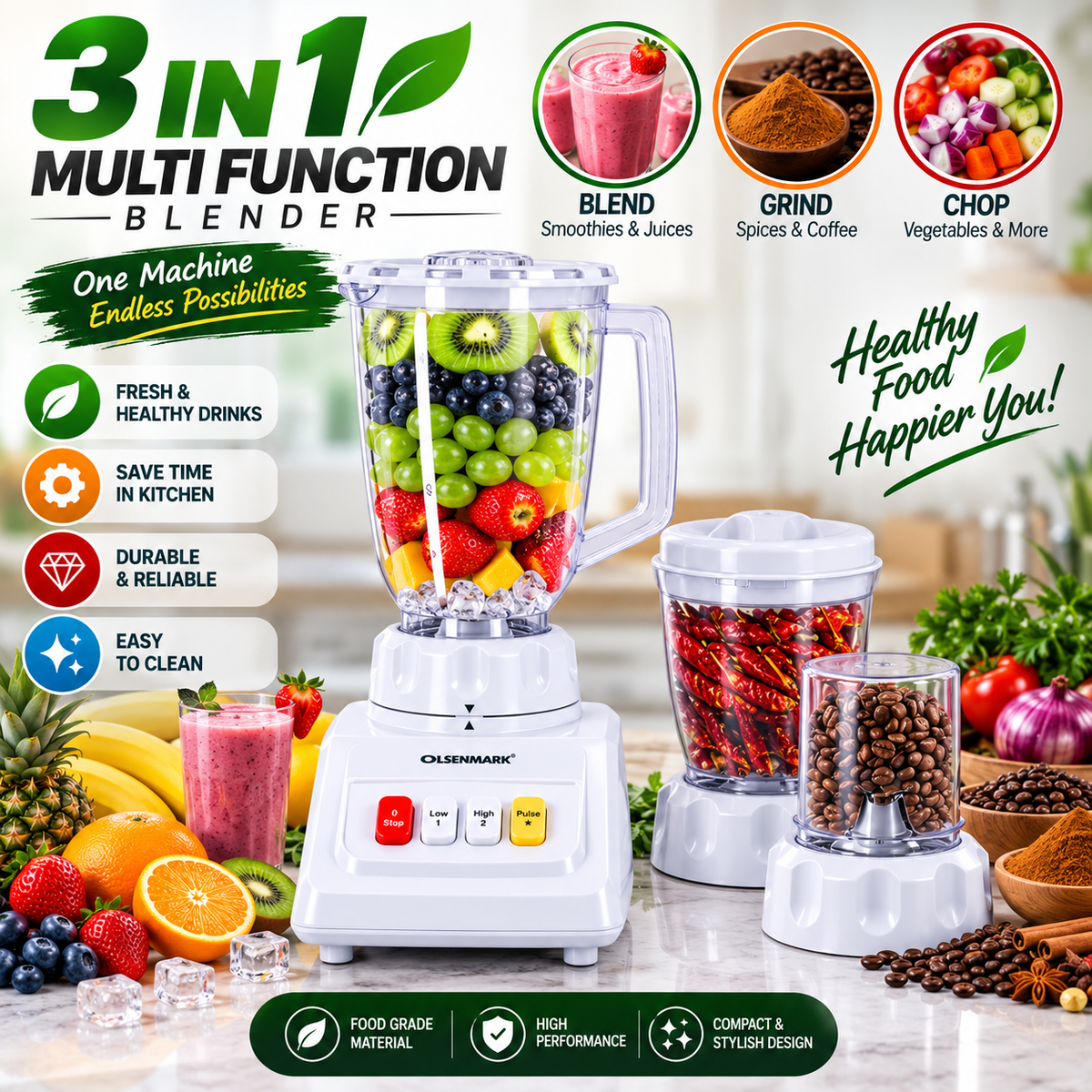 ⚡ Powerful 3-in-1 Blender | Juicer, Grinder & Mixer