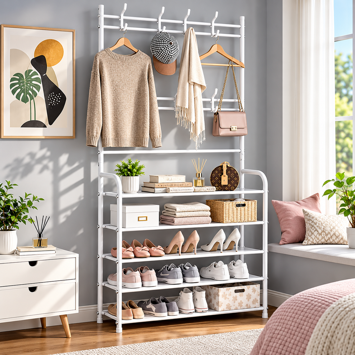 Multi-Functional Shoe & Hat Rack | 4-Tier Metal Shelf with Hooks