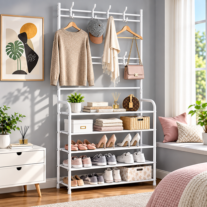 Multi-Functional Shoe & Hat Rack | 4-Tier Metal Shelf with Hooks