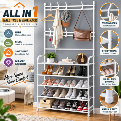 Multi-Functional Shoe & Hat Rack | 4-Tier Metal Shelf with Hooks