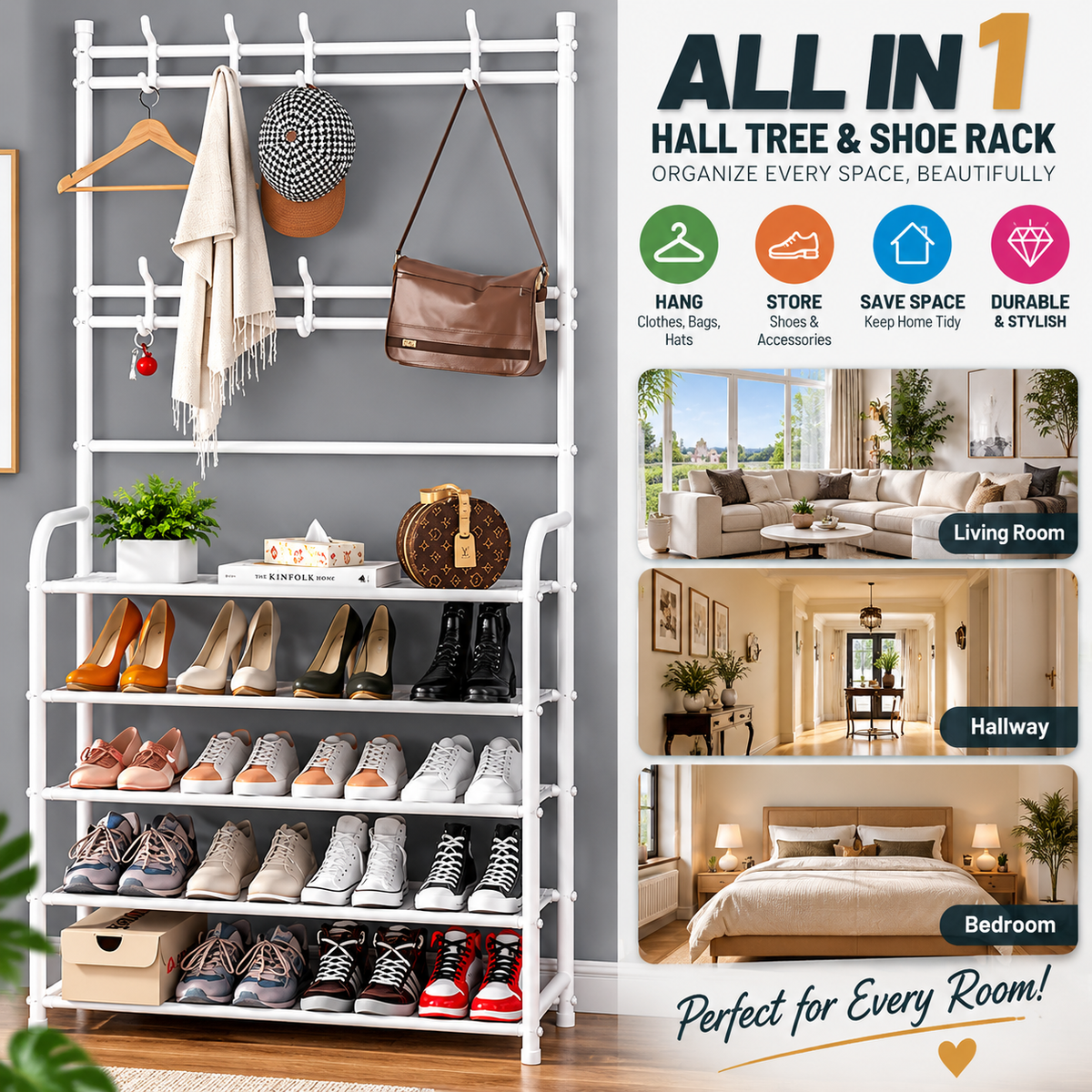 Multi-Functional Shoe & Hat Rack | 4-Tier Metal Shelf with Hooks