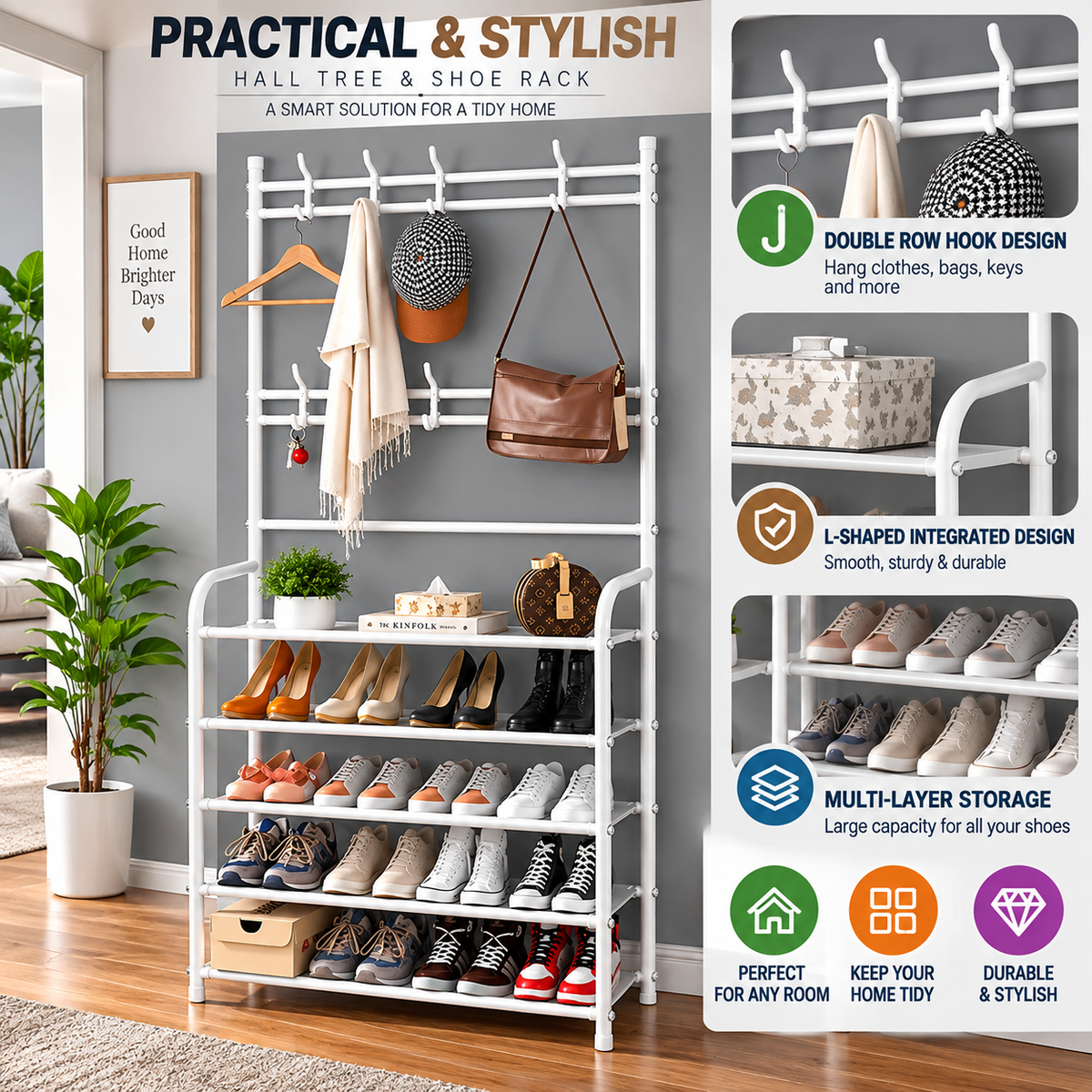 Multi-Functional Shoe & Hat Rack | 4-Tier Metal Shelf with Hooks