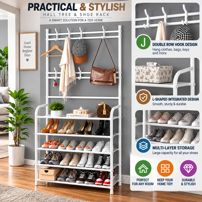 Multi-Functional Shoe & Hat Rack | 4-Tier Metal Shelf with Hooks