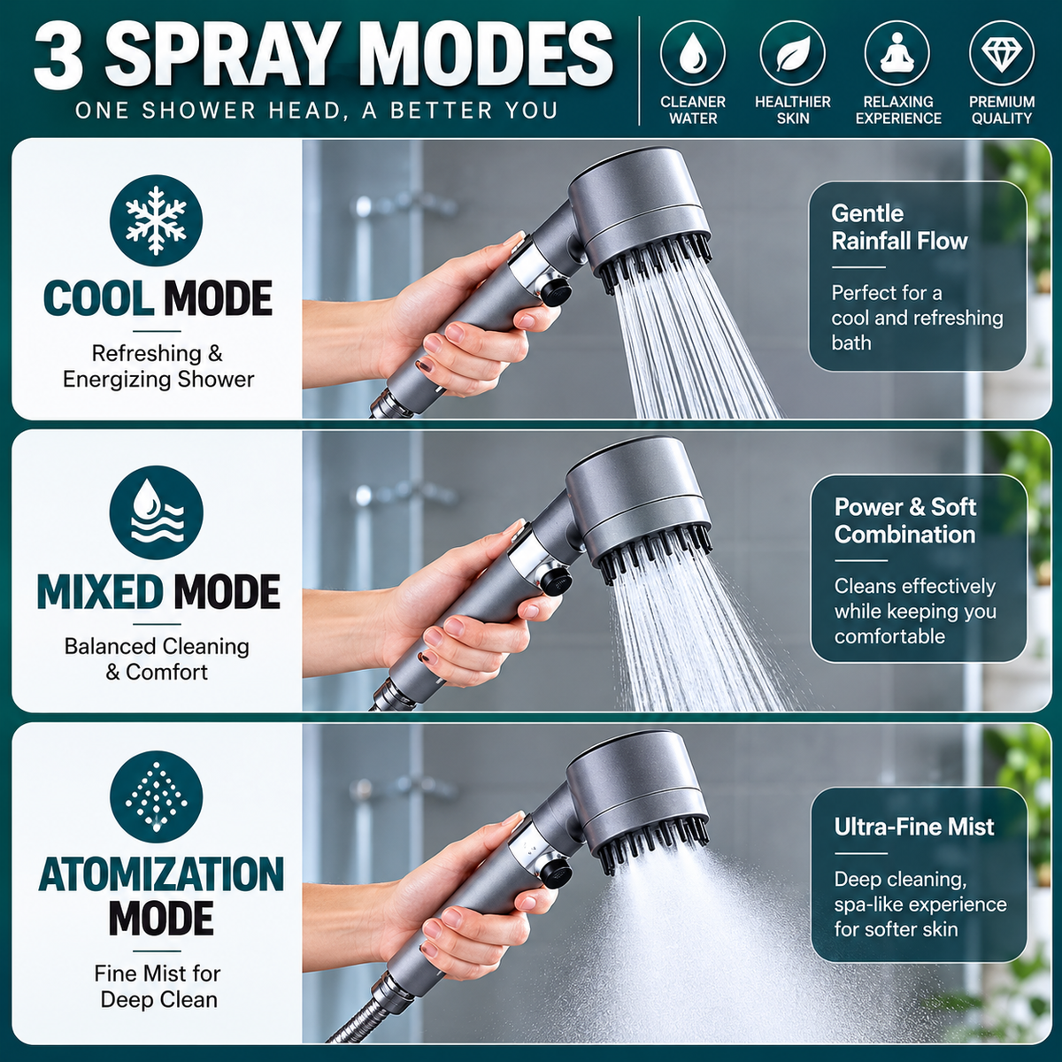 3 Modes High-Pressure Shower Head | Massage Spa Bath