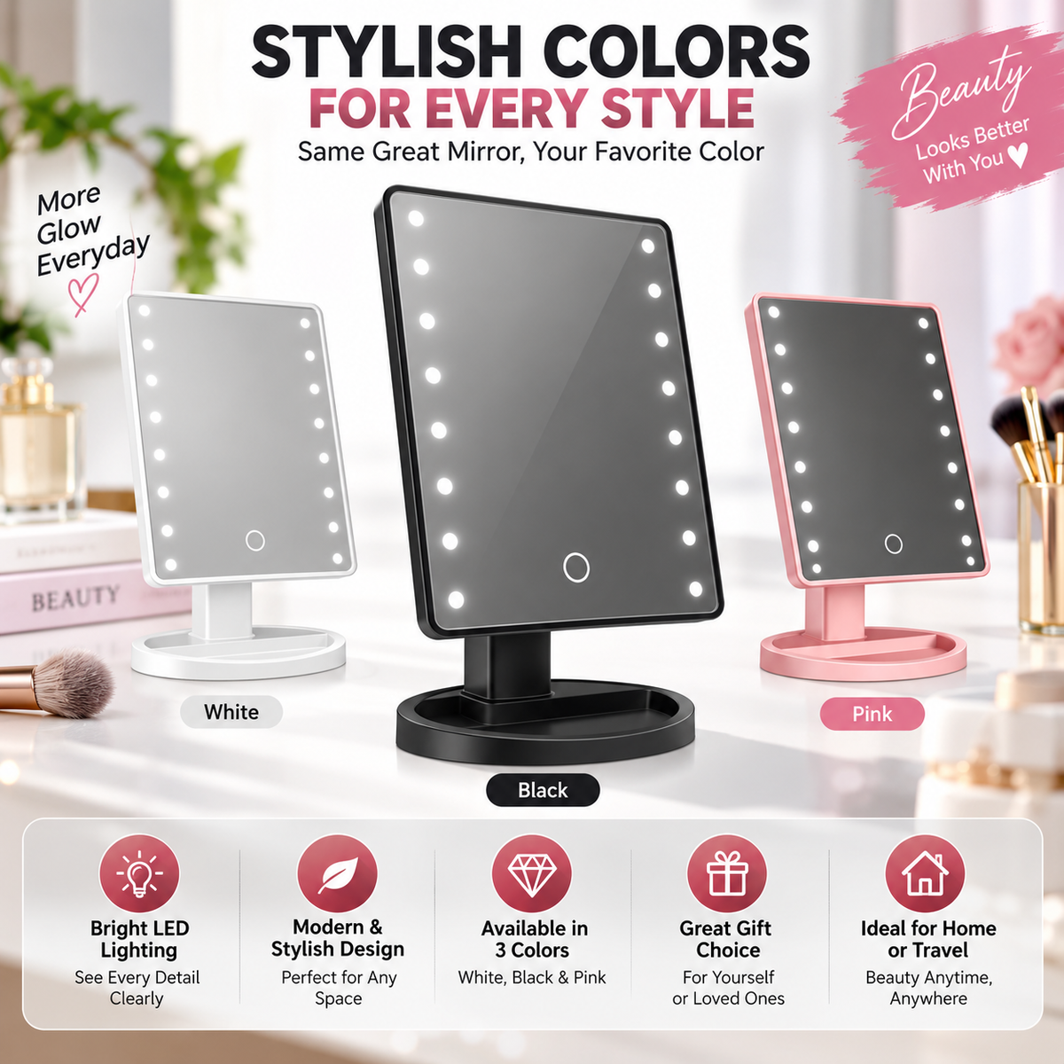 Large LED Makeup Mirror | 360° Rotating Light