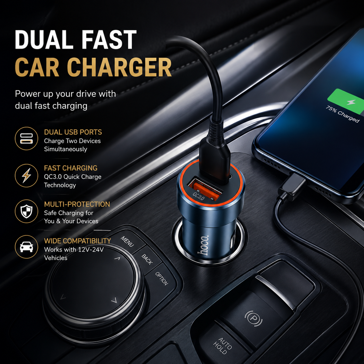 Hoco Blue Whale Car Charger (Z46A) ⚡ | 20W Type-C + 18W USB Fast